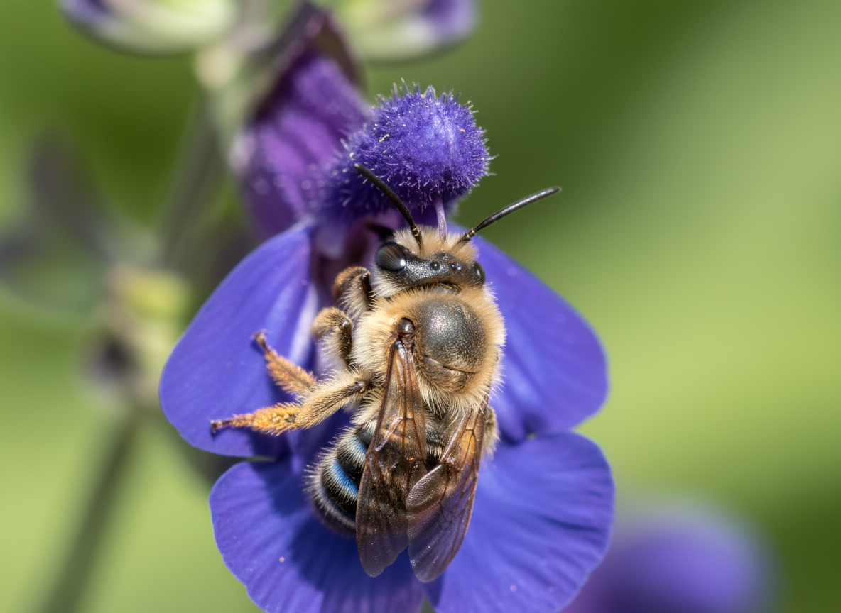 An Australian blue-banded bee feeding on a blue salvia flower