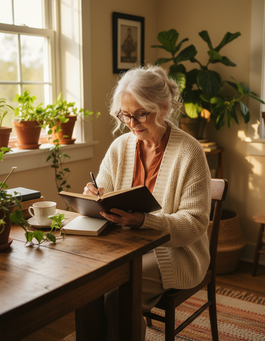 A grandmother smiling as she writes her memories in the journal at her kitchen table
