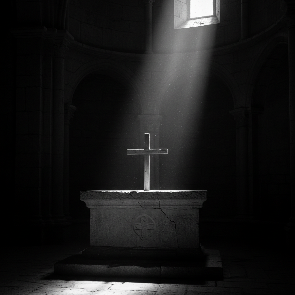 A simple wooden cross on a stone altar, lit by a single shaft of light in a dark chapel