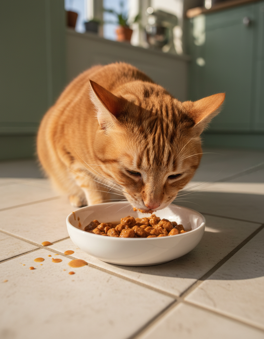 Gato a comer alimentação húmida numa taça