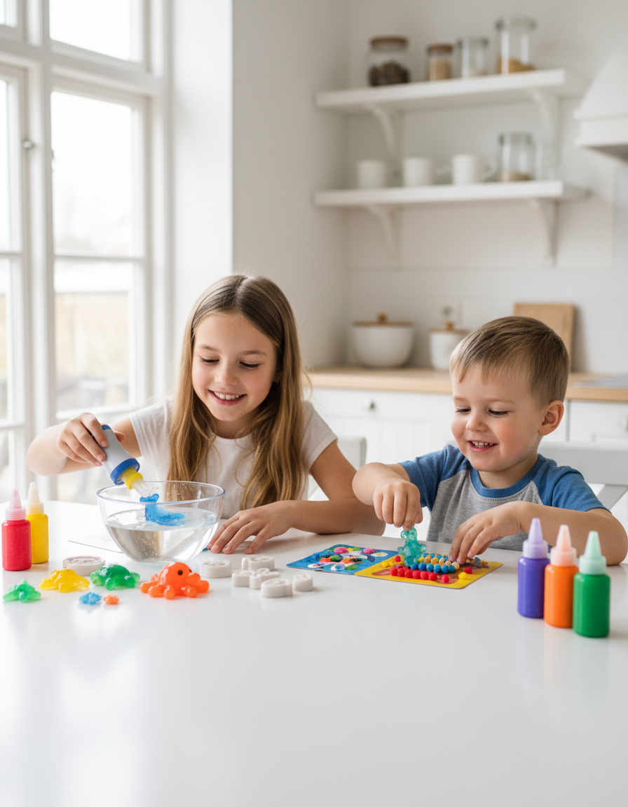 Sourozenci tvoří u stolu – sestra zdobí kartičku bambulkami, bratr vytahuje z vody squishy delfína