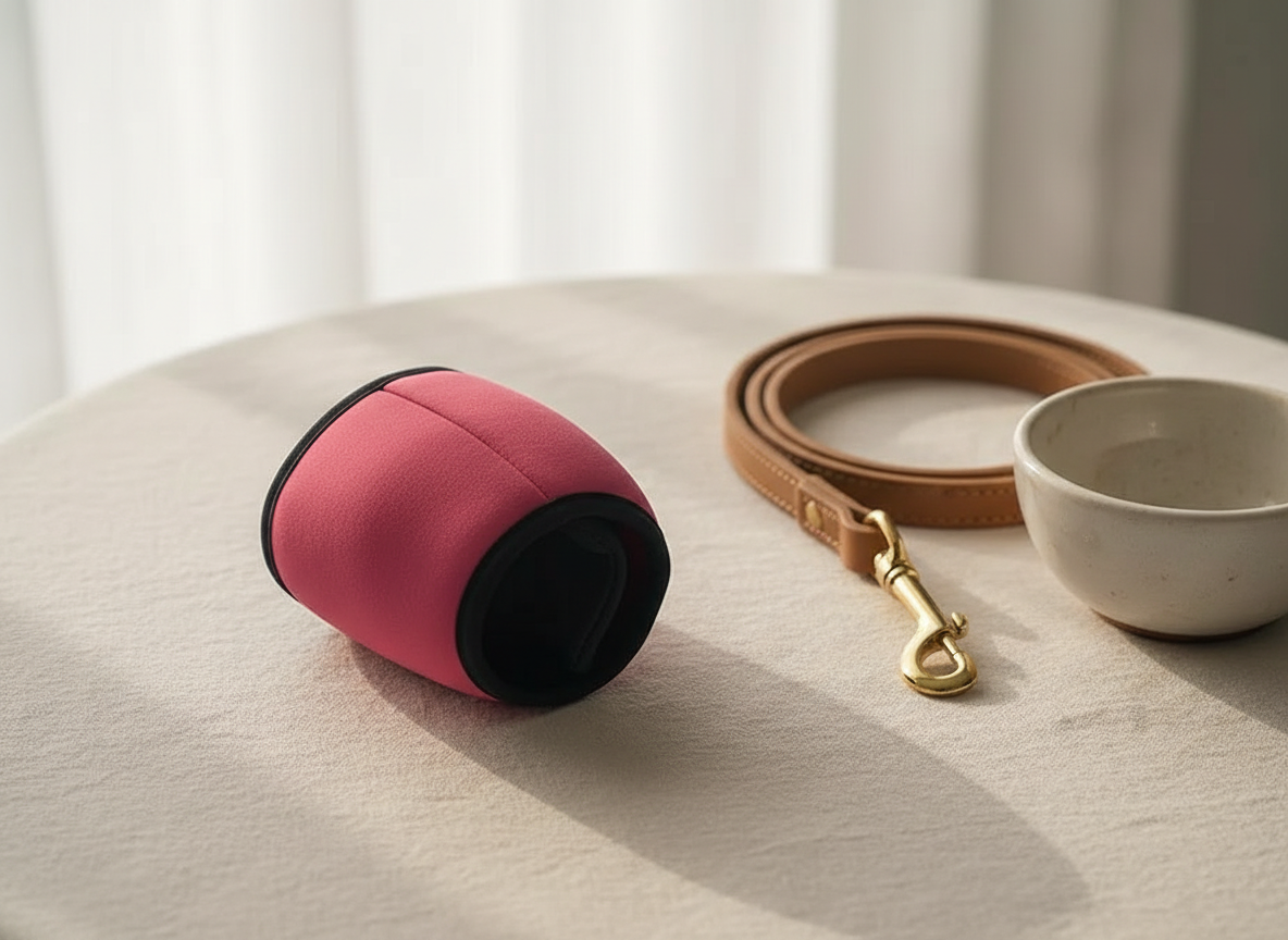 Rose red calming ear muffs folded on cream linen beside a leather dog lead