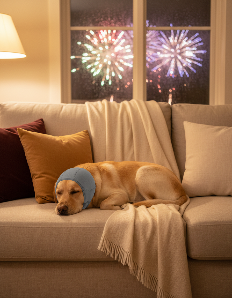 Golden labrador resting calmly on a sofa wearing gray calming ear muffs while rain falls outside