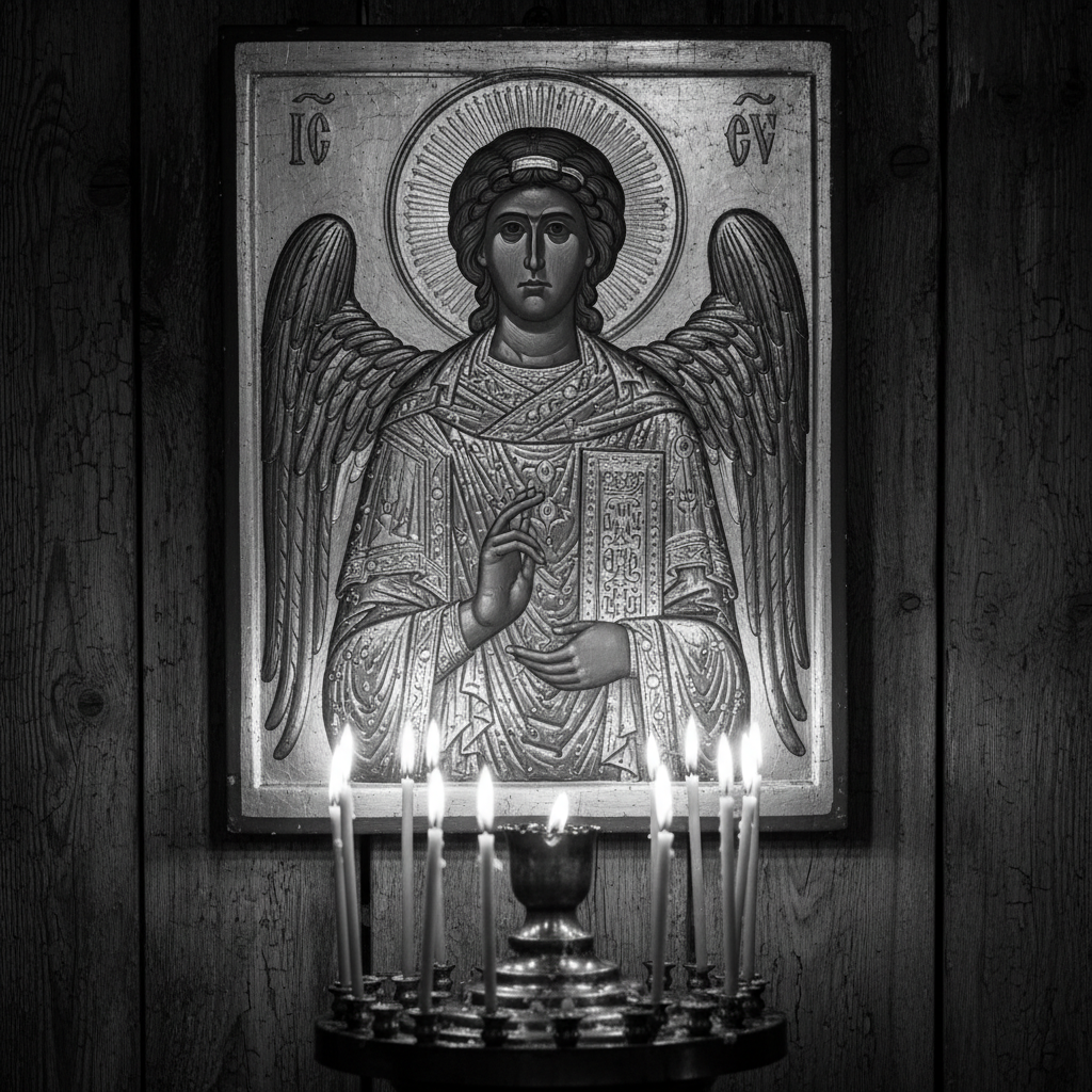 An icon of an angel with a halo on a wooden church wall, lit by thin candles