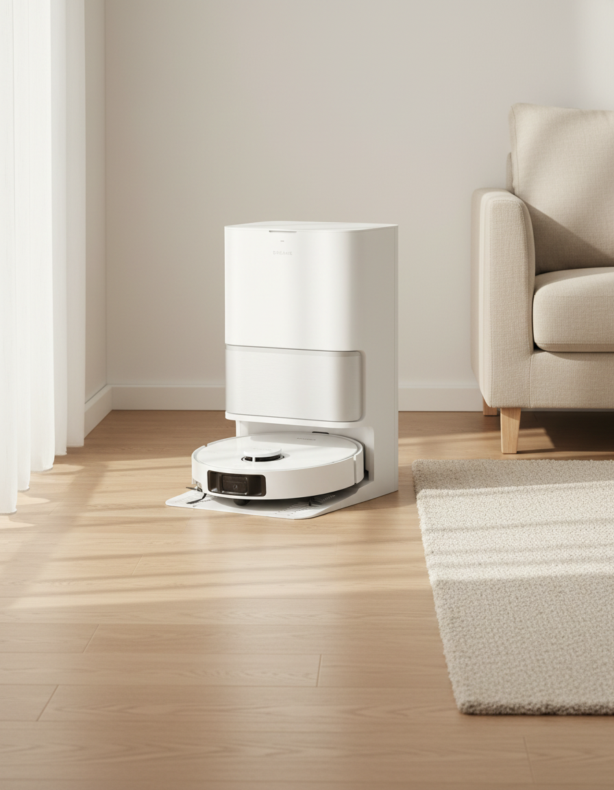 White robot vacuum and base station in a bright living room with light oak floors