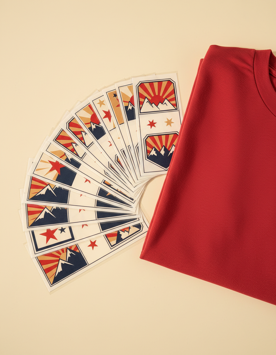 Rows of individually pre-cut DTF transfers sorted on a cream table beside a folded red t-shirt