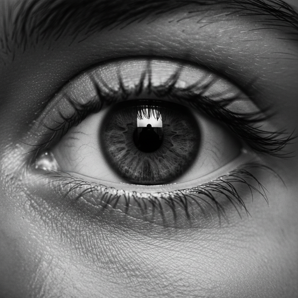 Extreme close-up of a human eye with a point of light reflected in the iris