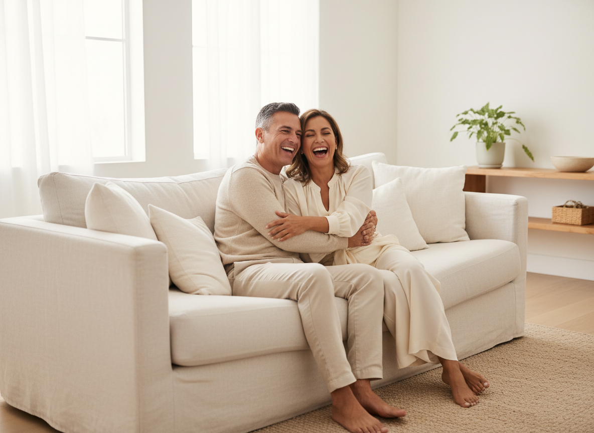 Pareja sonriente abrazándose en el sofá de su sala