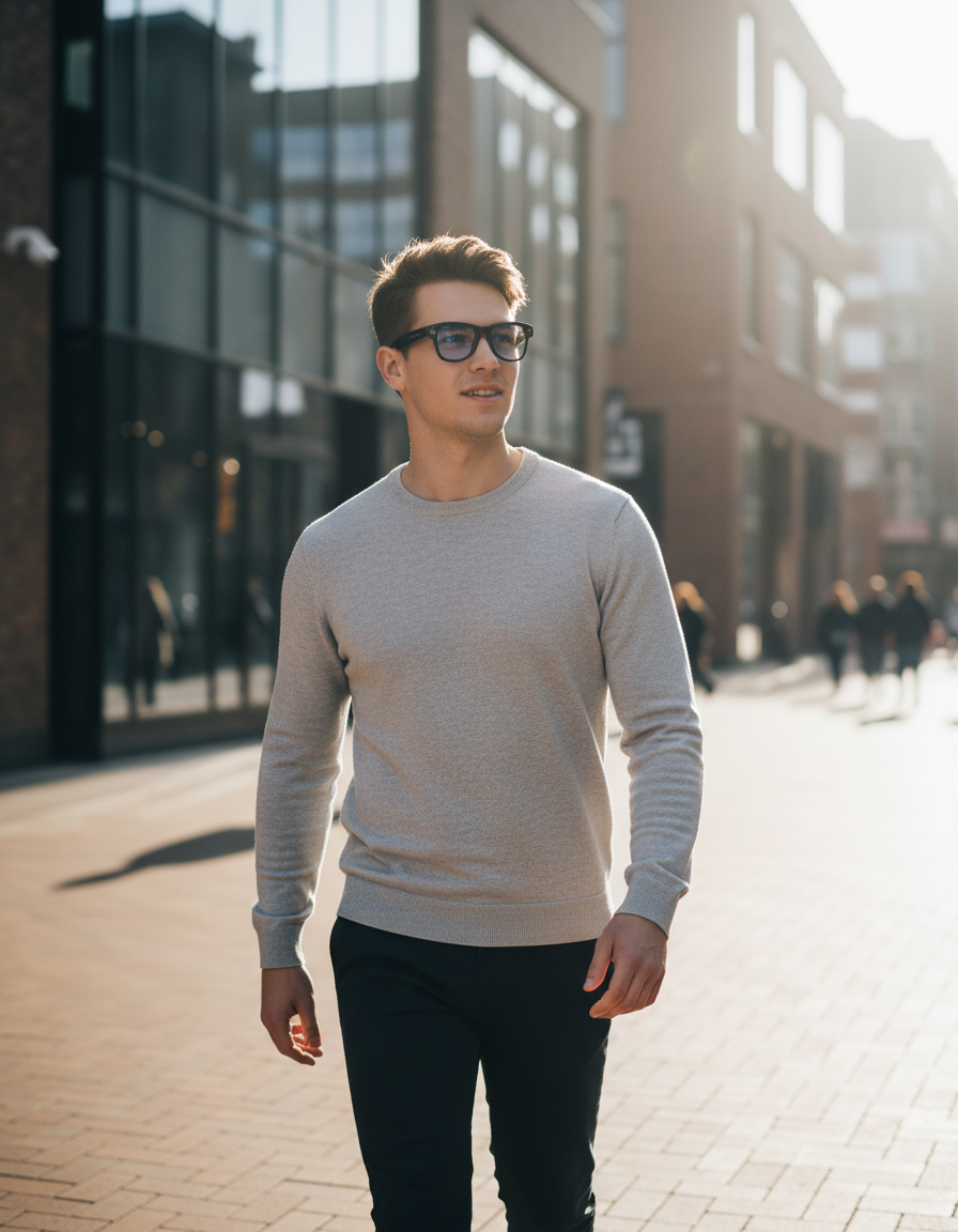 Man wearing PeTech AI Smart Glasses while walking down a sunlit city street