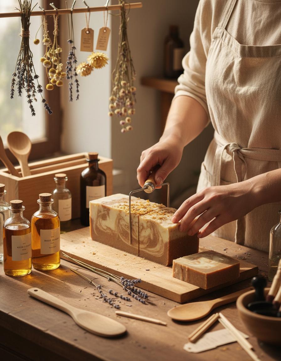 Mains coupant un pain de savon fraîchement coulé sur l’établi de l’atelier