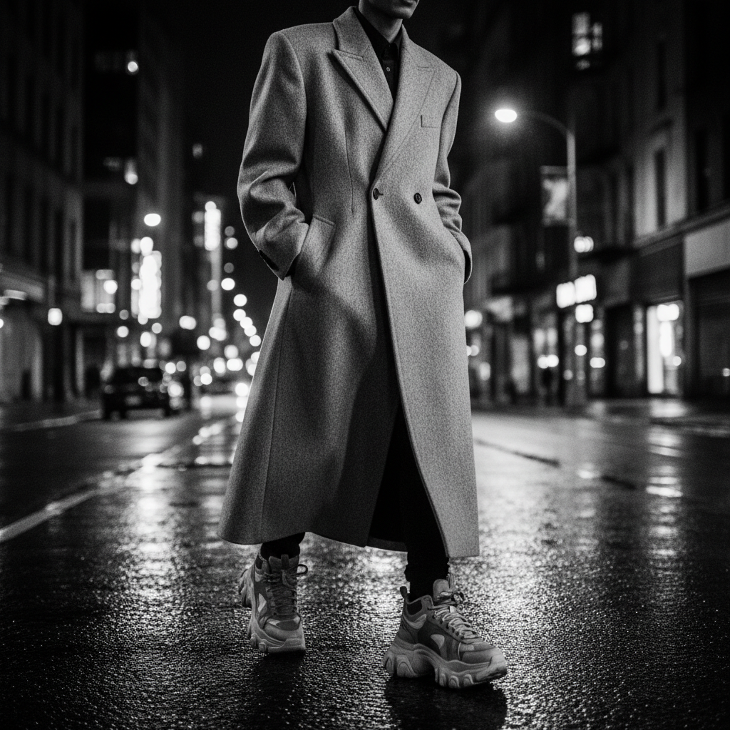 A person in a long tailored coat and chunky sneakers walking on a wet city street at night