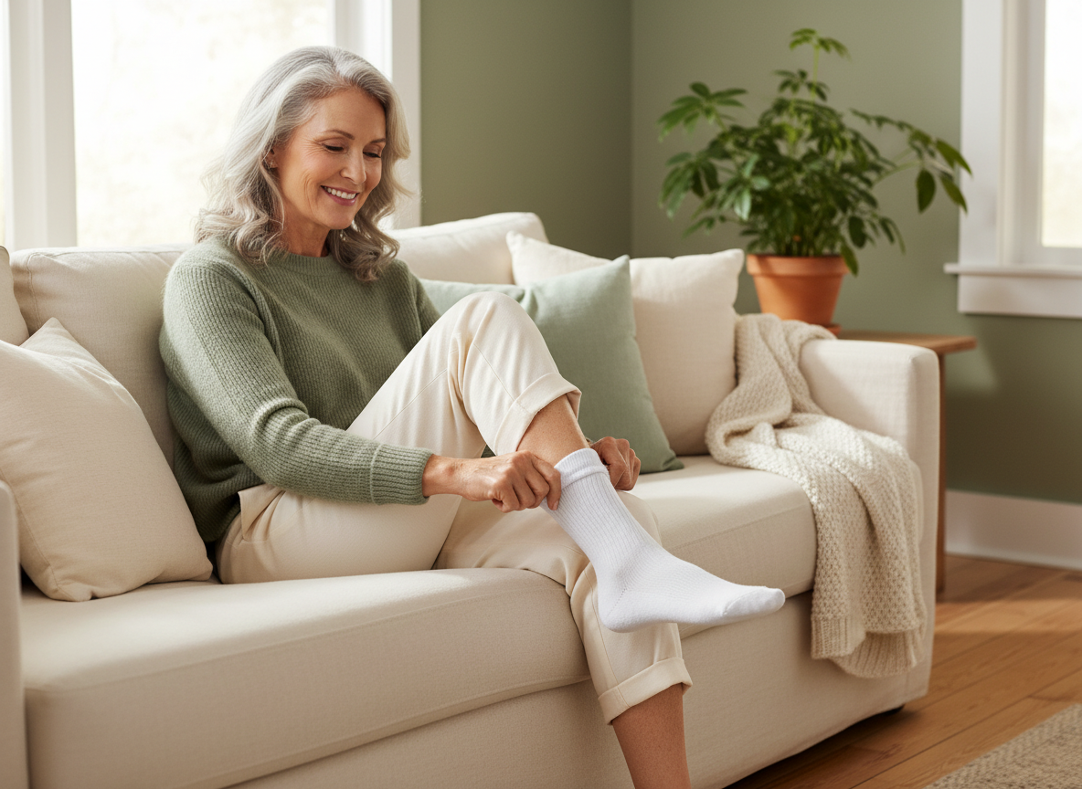 Smiling woman on a linen sofa pulling on a soft white cushioned crew sock