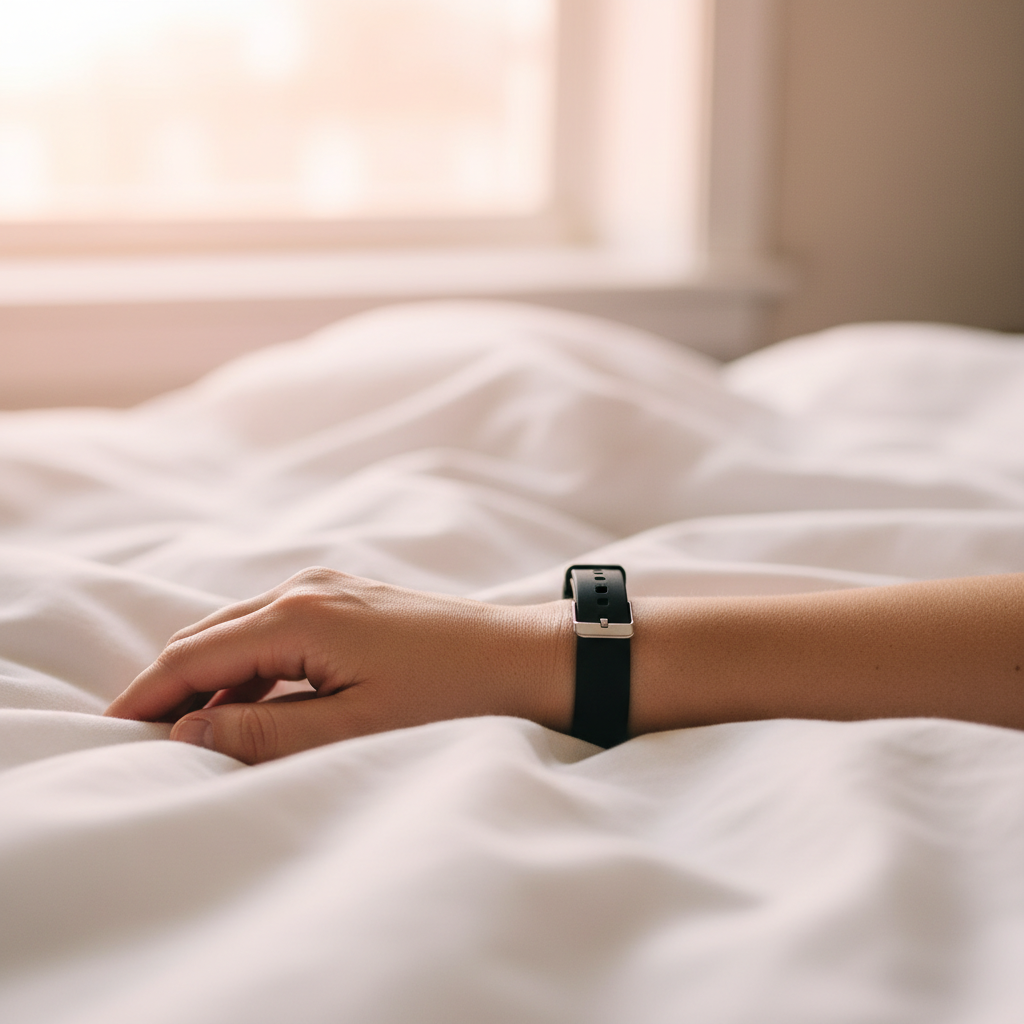 A wrist wearing a Wrist Wake band resting on a white duvet in soft sunrise light