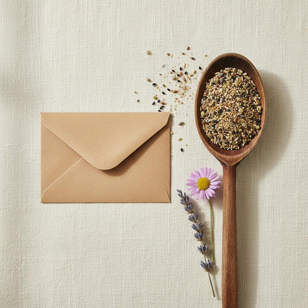 A wooden spoon heaped with mixed flower seeds beside a kraft paper seed envelope