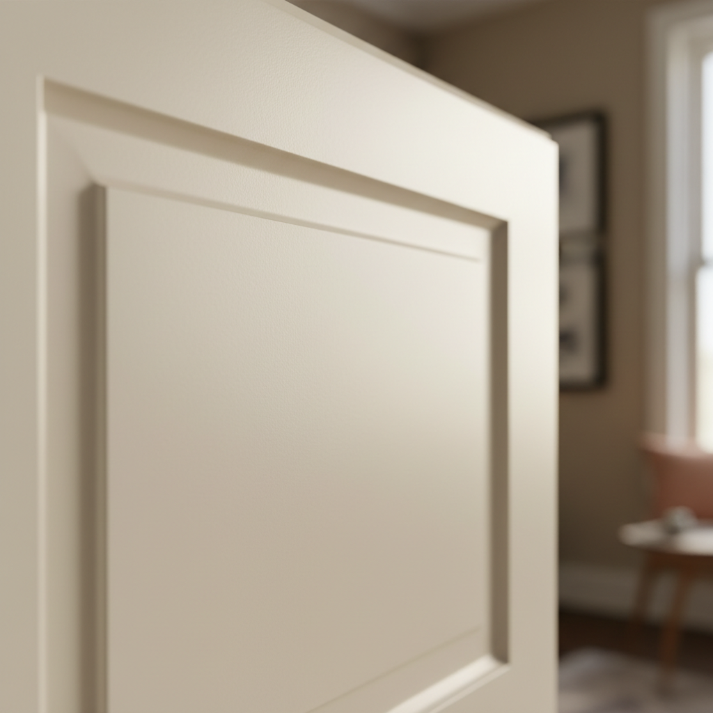 Macro close-up of a smooth warm white painted cabinet surface with a satin sheen and a crisp routed edge, no visible grain