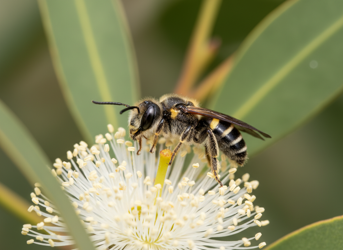 A sleek black masked bee with yellow face markings on white eucalyptus blossom