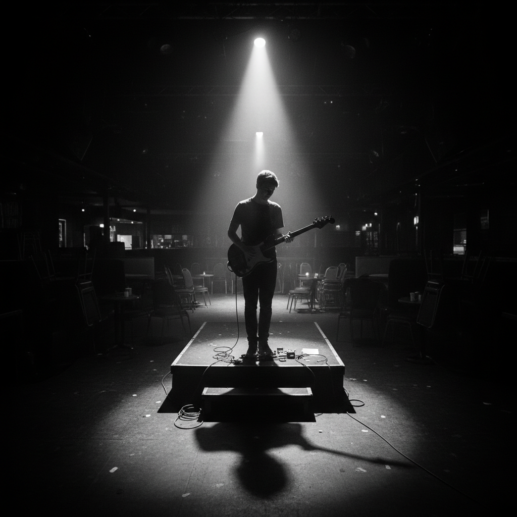 A young musician in silhouette on a small club stage under a single spotlight
