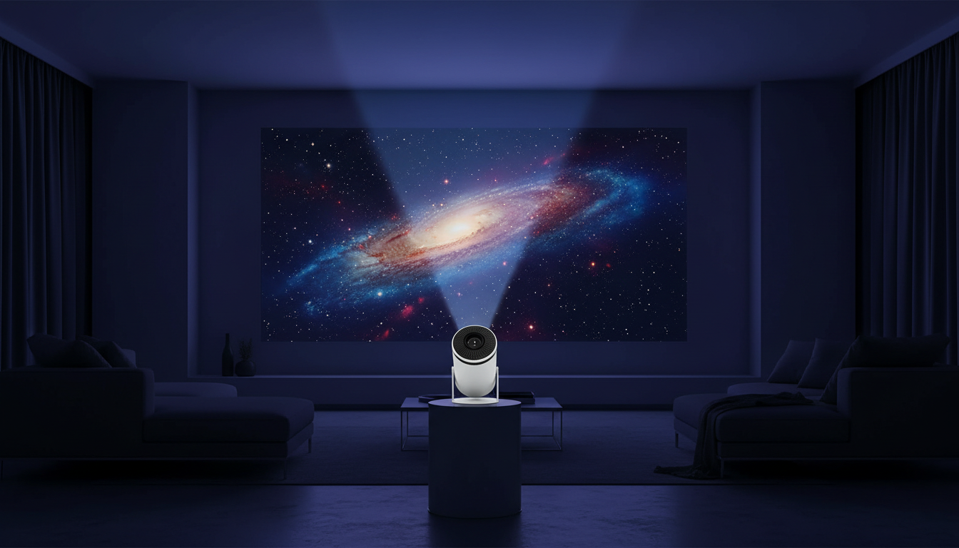 White Y5S mini projector casting a cosmic nebula across a living room wall at night