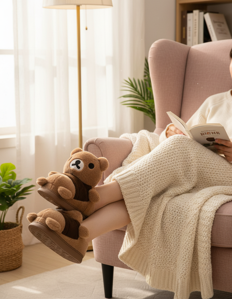 Adult relaxing in an armchair wearing fluffy bear slippers
