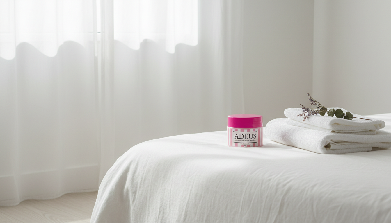 Crema de corp Revitalique pe lenjerie albă, într-un dormitor luminos