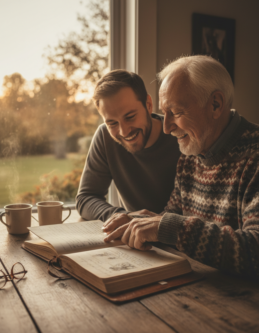 A grandfather telling a story to his grandson over an open journal