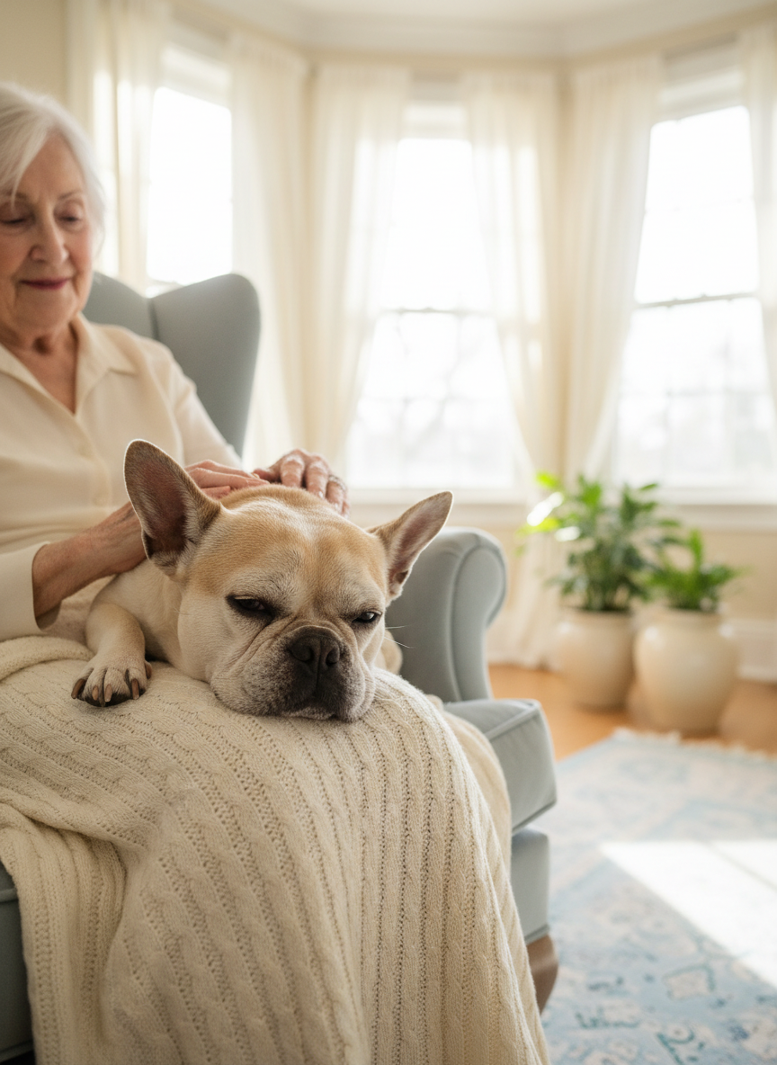 Bouledogue français âgé, la tête posée sur les genoux de sa maîtresse