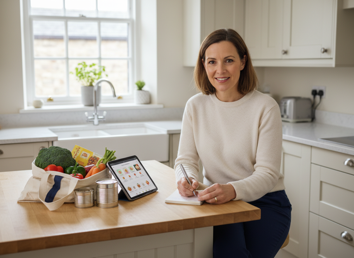 A woman in a bright UK kitchen writing a weekly shopping list beside a tablet and a bag of groceries