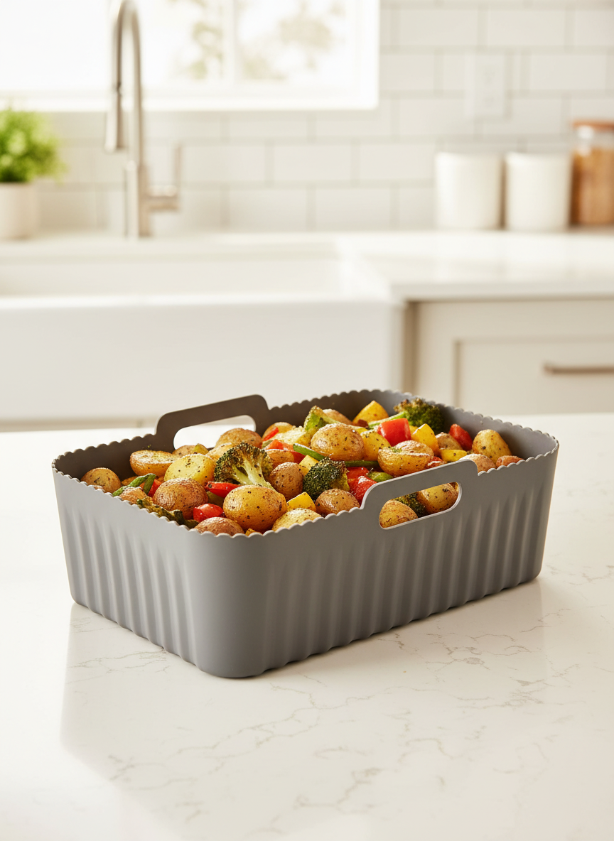 Air fryer basket with a silicone liner holding roasted potatoes