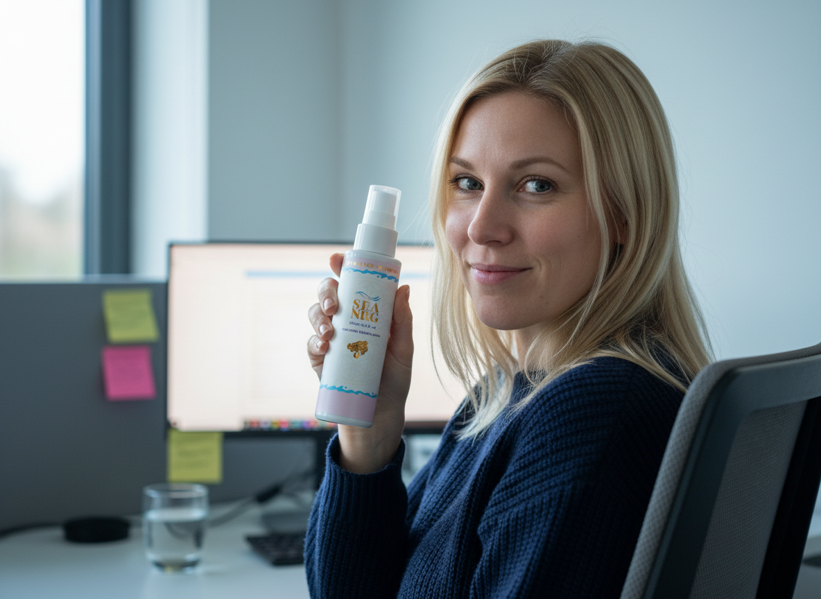 A blonde woman in a navy sweater at her office desk, holding up SEA NRG and smiling at the camera