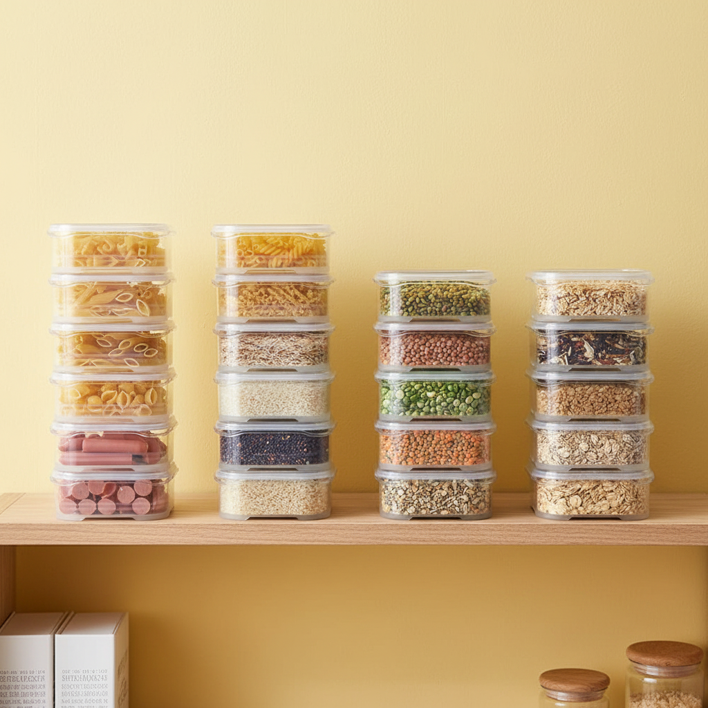 Pantry shelf organized with clear storage containers of pasta, rice and lentils