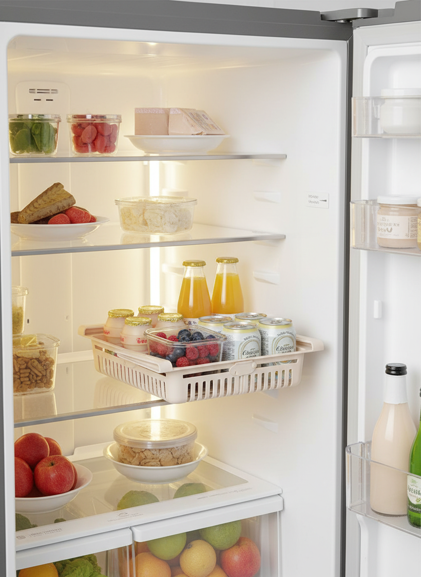 Open fridge with a slide-out organizer holding yogurt, berries and drinks