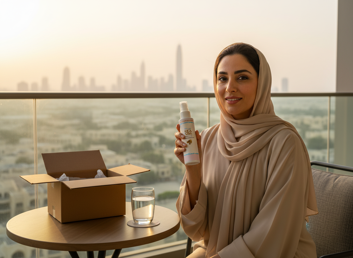 A woman on a Dubai balcony at sunrise holding SEA NRG beside its opened delivery box