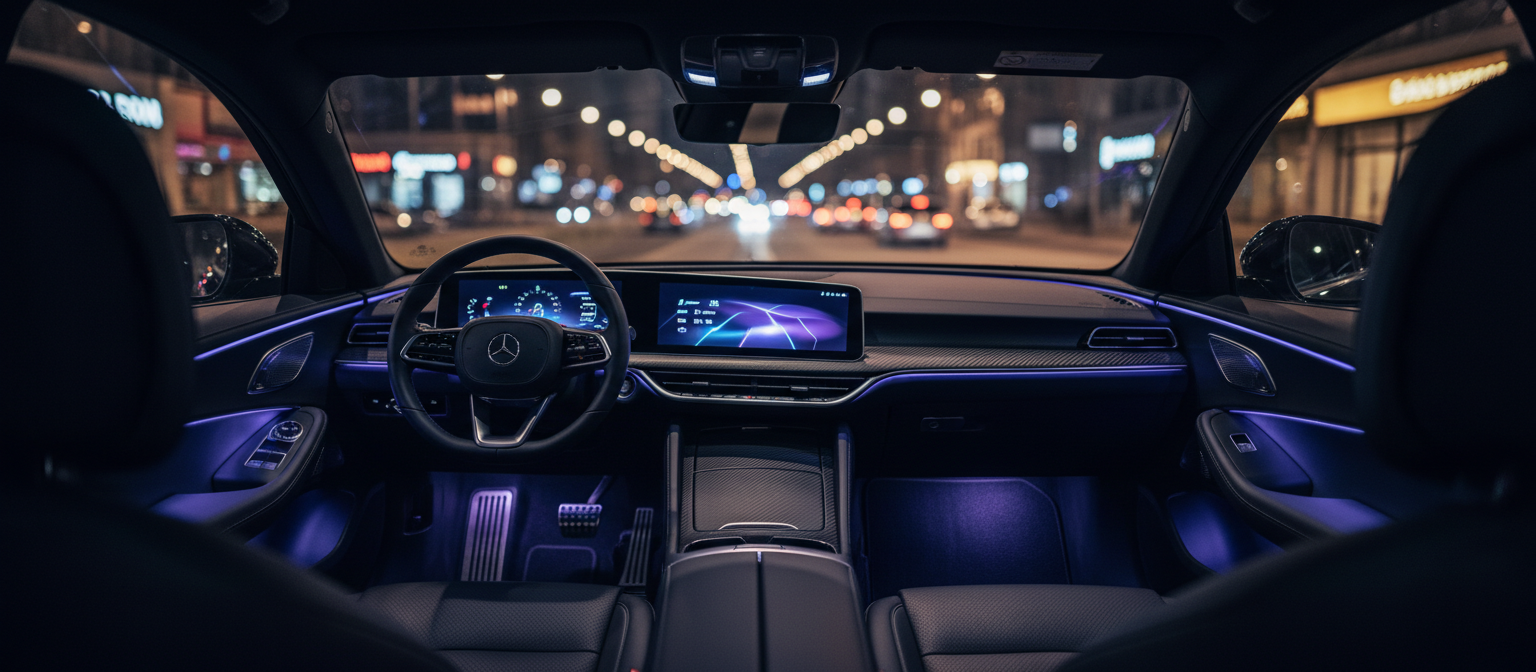 Car interior at night lit by blue and violet ambient lighting
