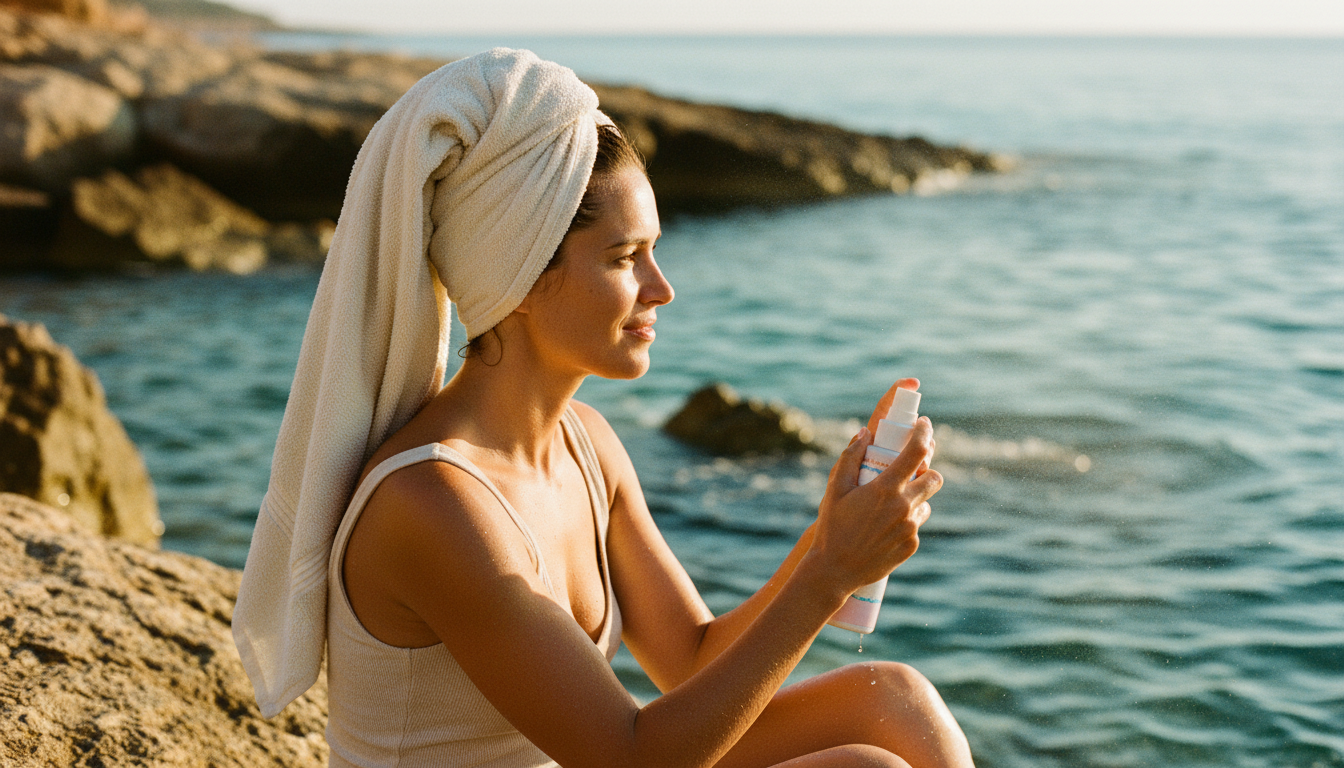 A woman wrapped in a linen towel on sunlit seaside rocks after a morning swim, using the SEA NRG spray