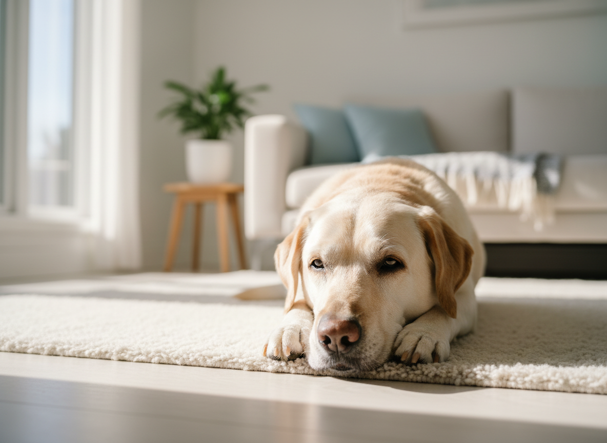 Älterer Labrador mit grauer Schnauze liegt entspannt am Fenster