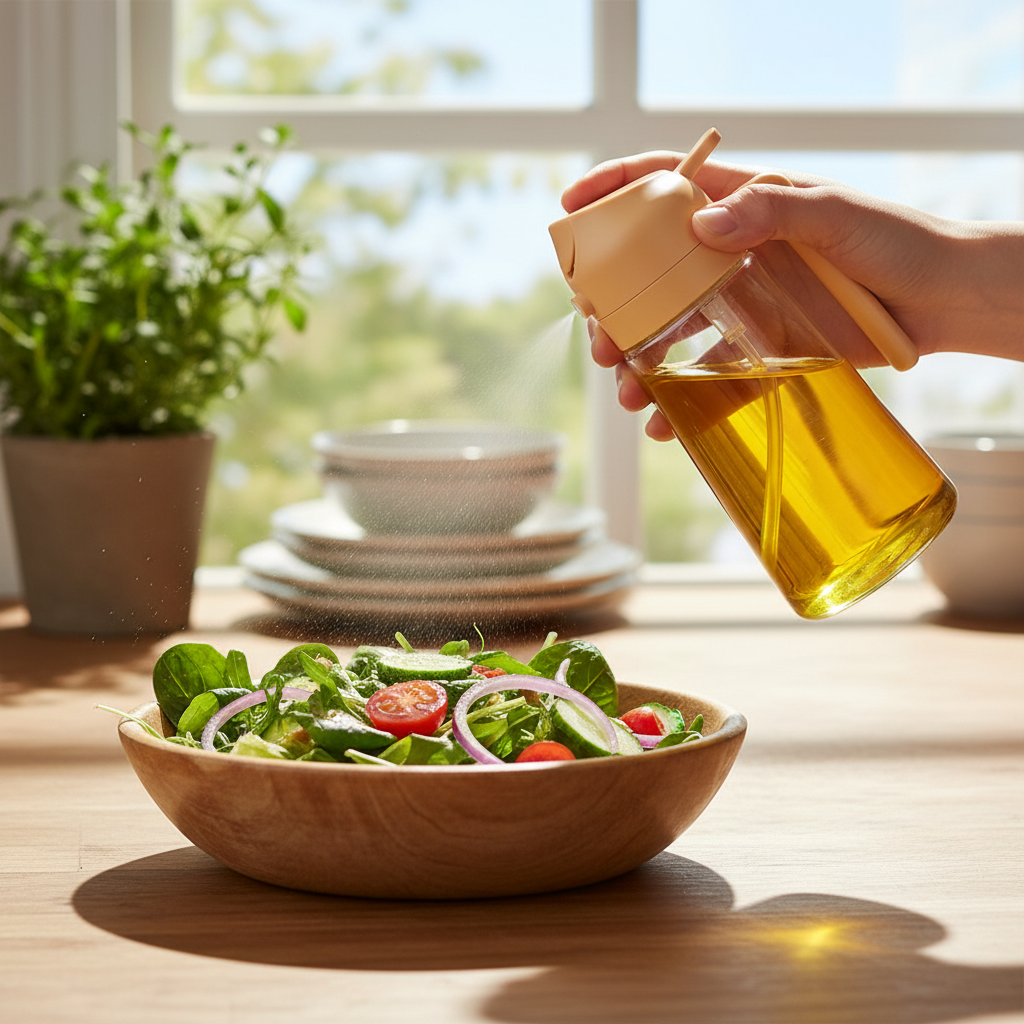 OilFlow™ – 2-in-1 Oil Sprayer & Pourer in use in a home kitchen