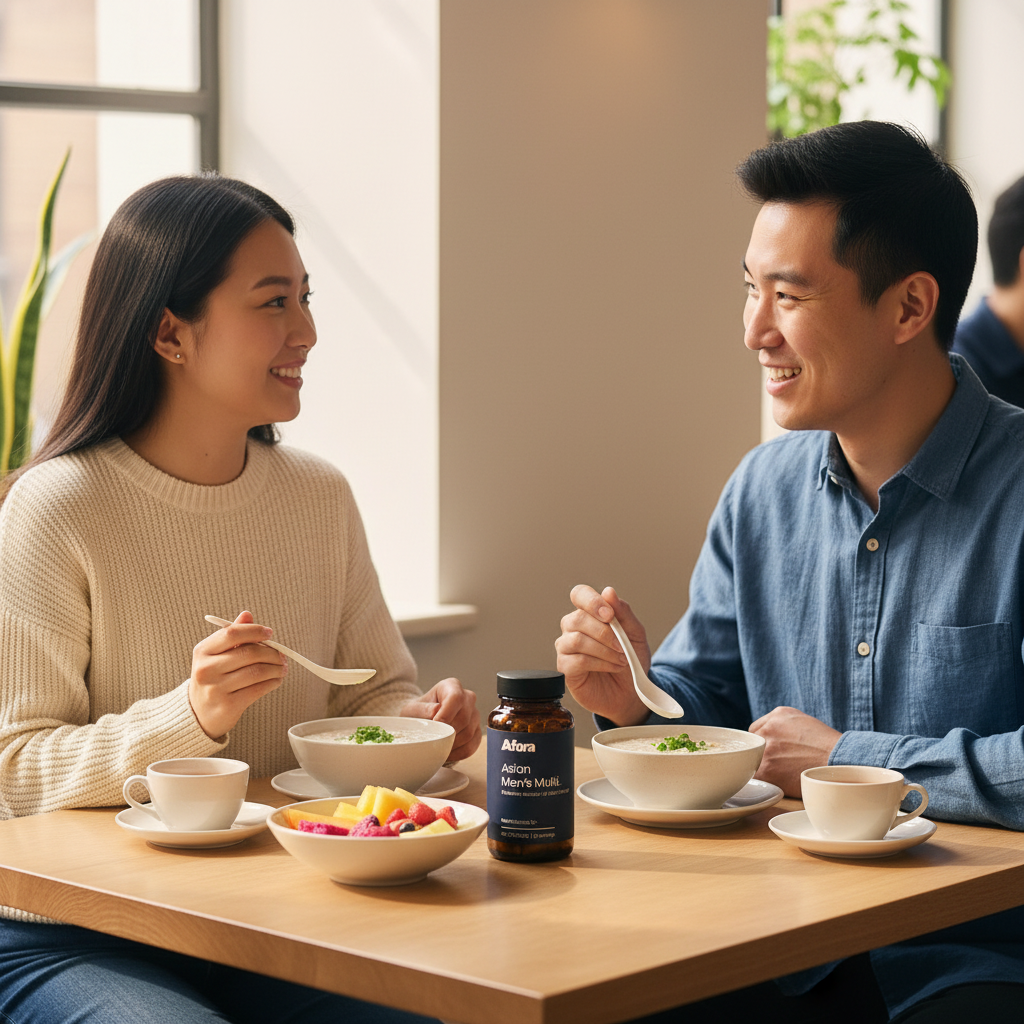 Couple sharing breakfast with an Afora bottle on the table