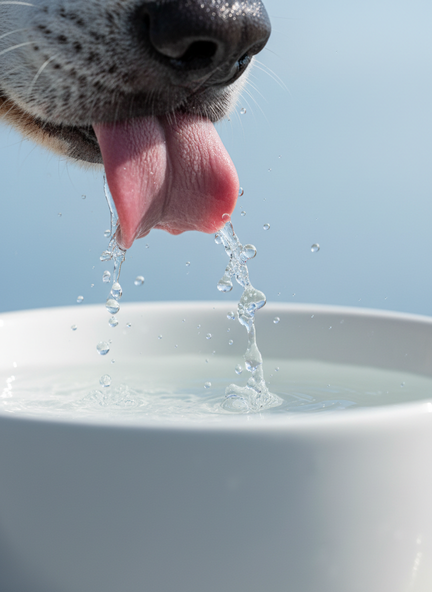 Gros plan d'un chien buvant de l'eau fraîche dans une gamelle blanche