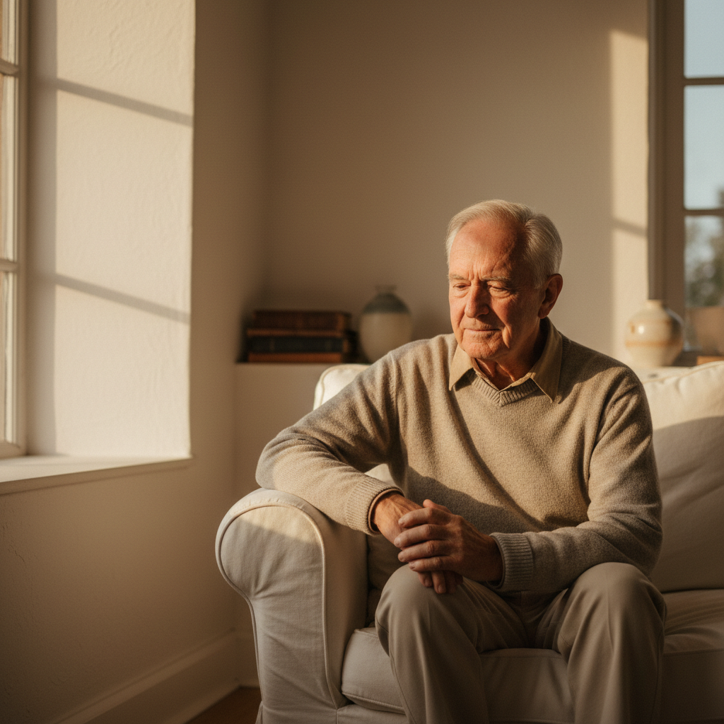 An older man sitting quietly on a cream couch with his hands resting in his lap