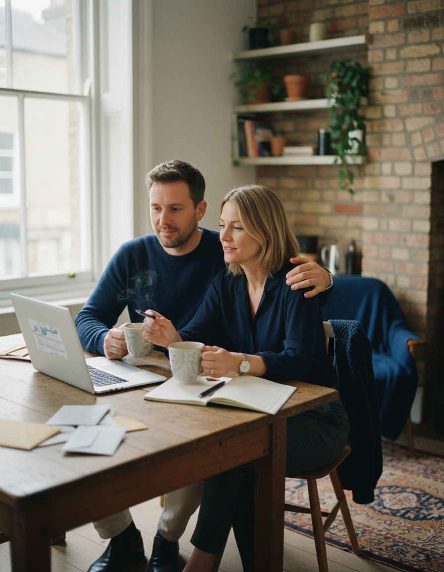 A UK couple at their kitchen table reviewing household bills on a laptop with mugs of tea