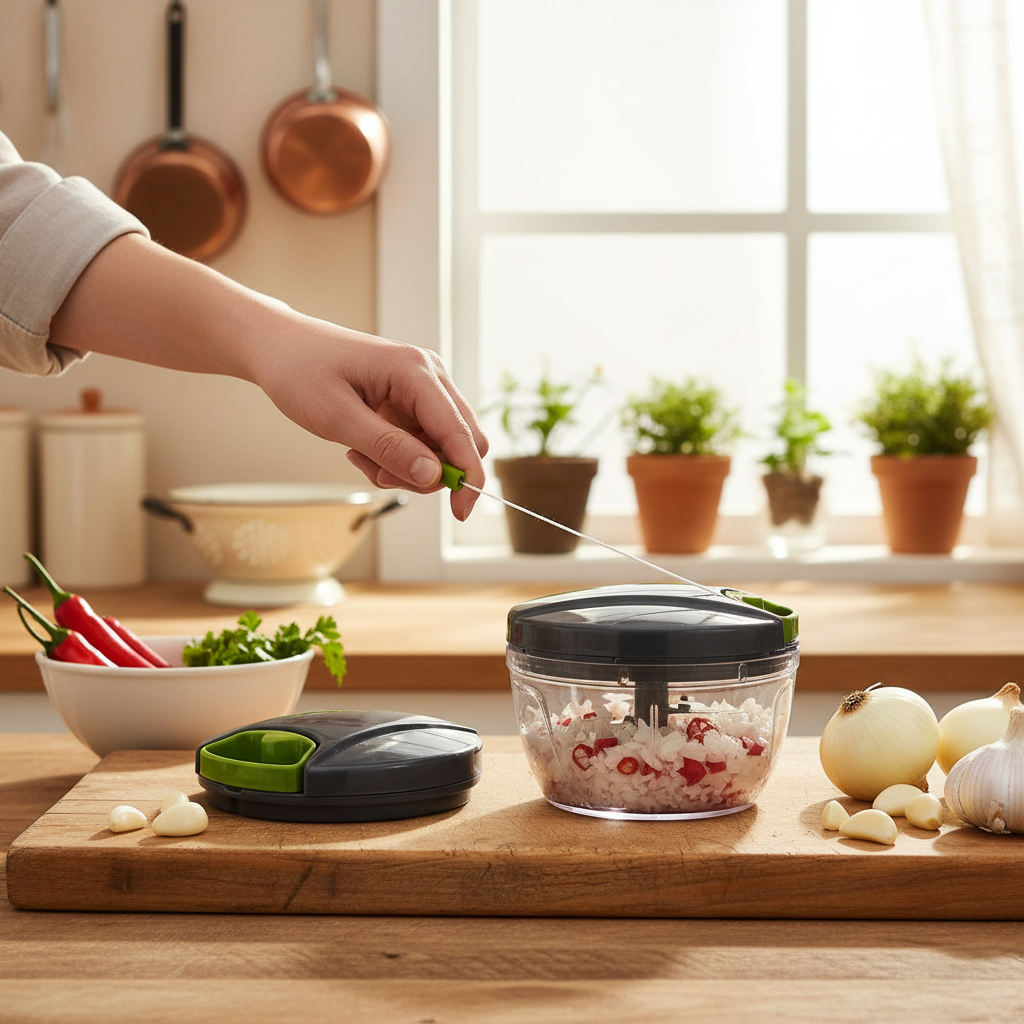SwiftChop™ Pull String Kitchen Chopper in use in a home kitchen