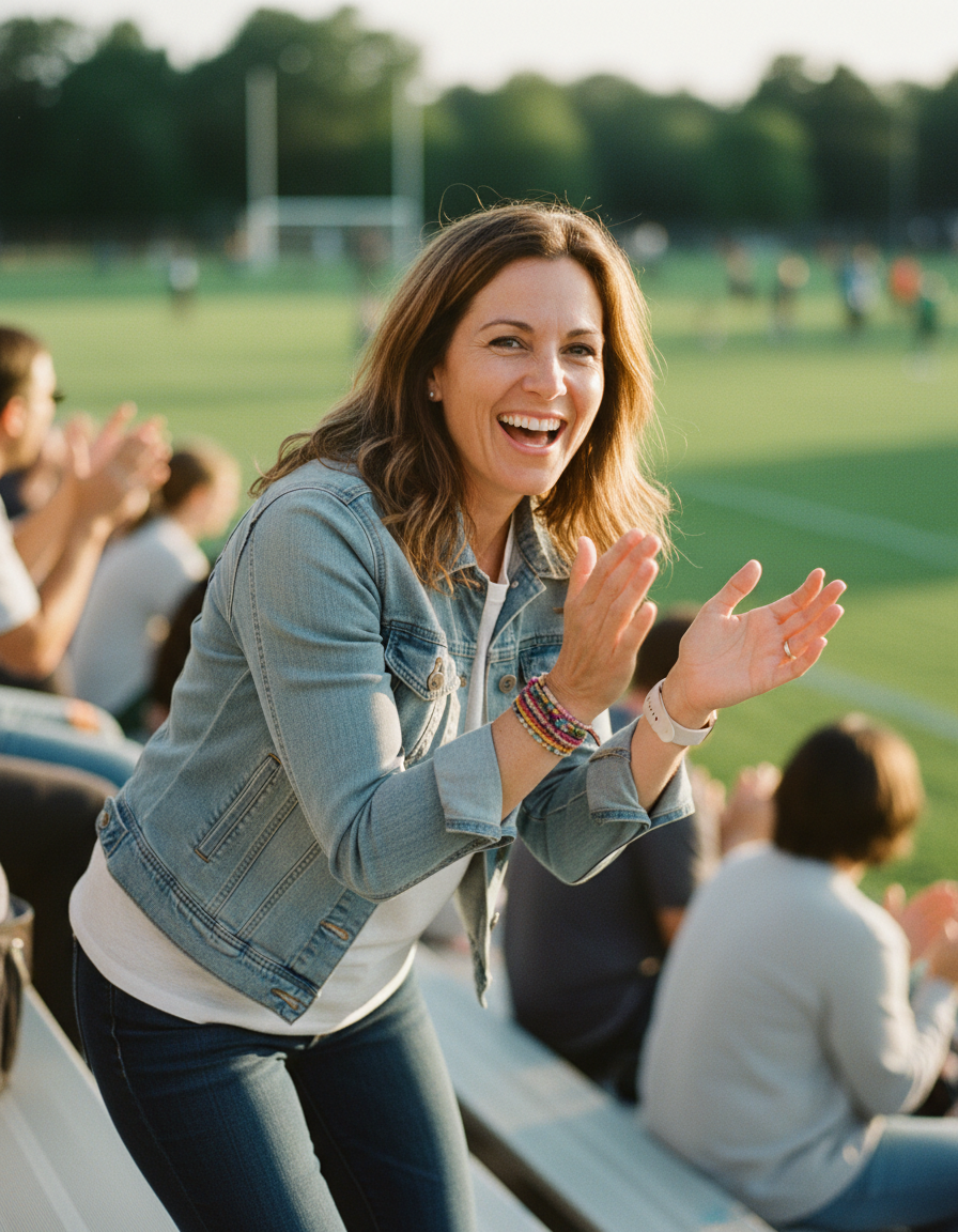 Energetic mom cheering at her son's soccer game