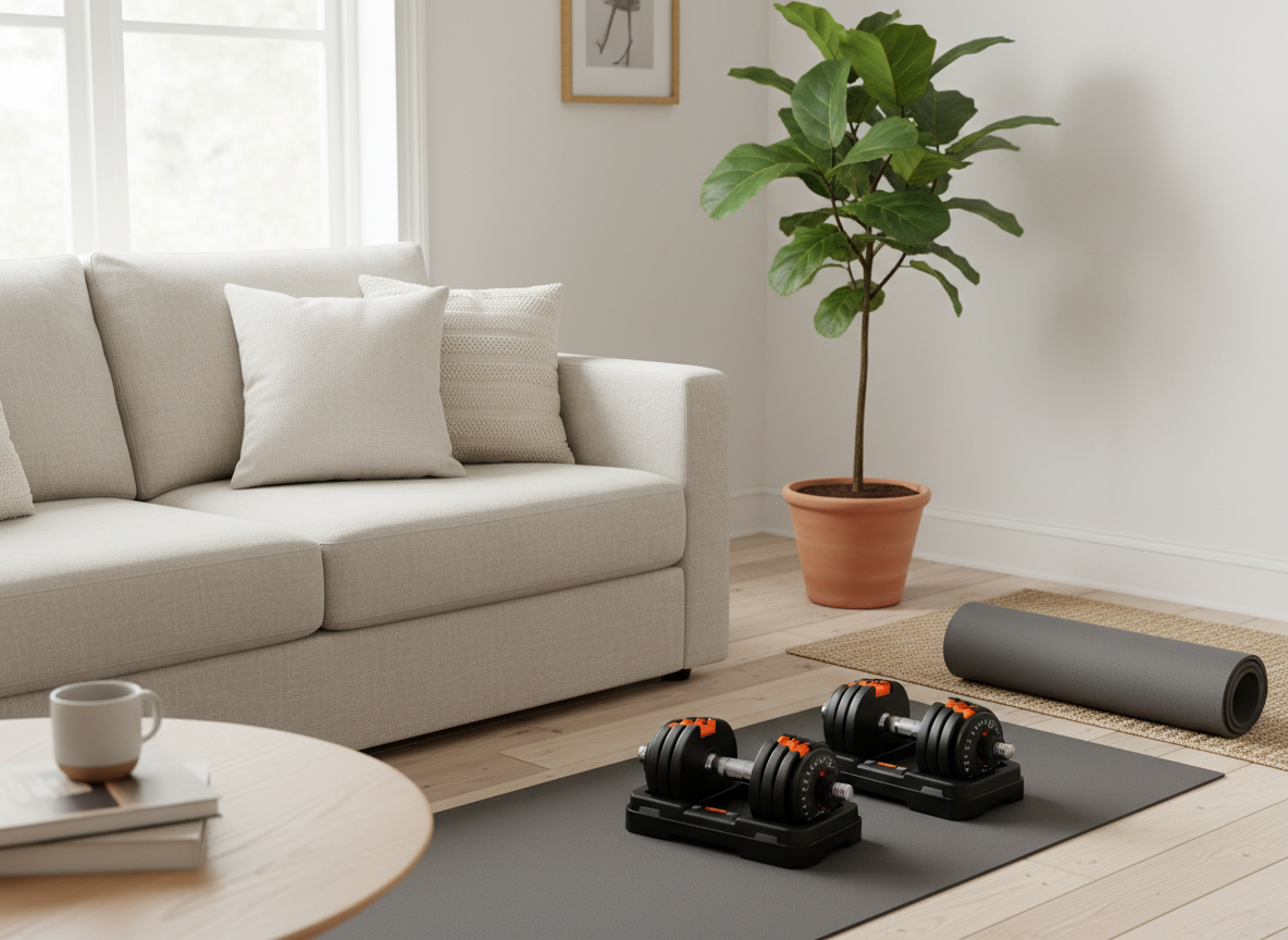 FitLife dumbbells stored in compact trays beside a sofa in a small apartment