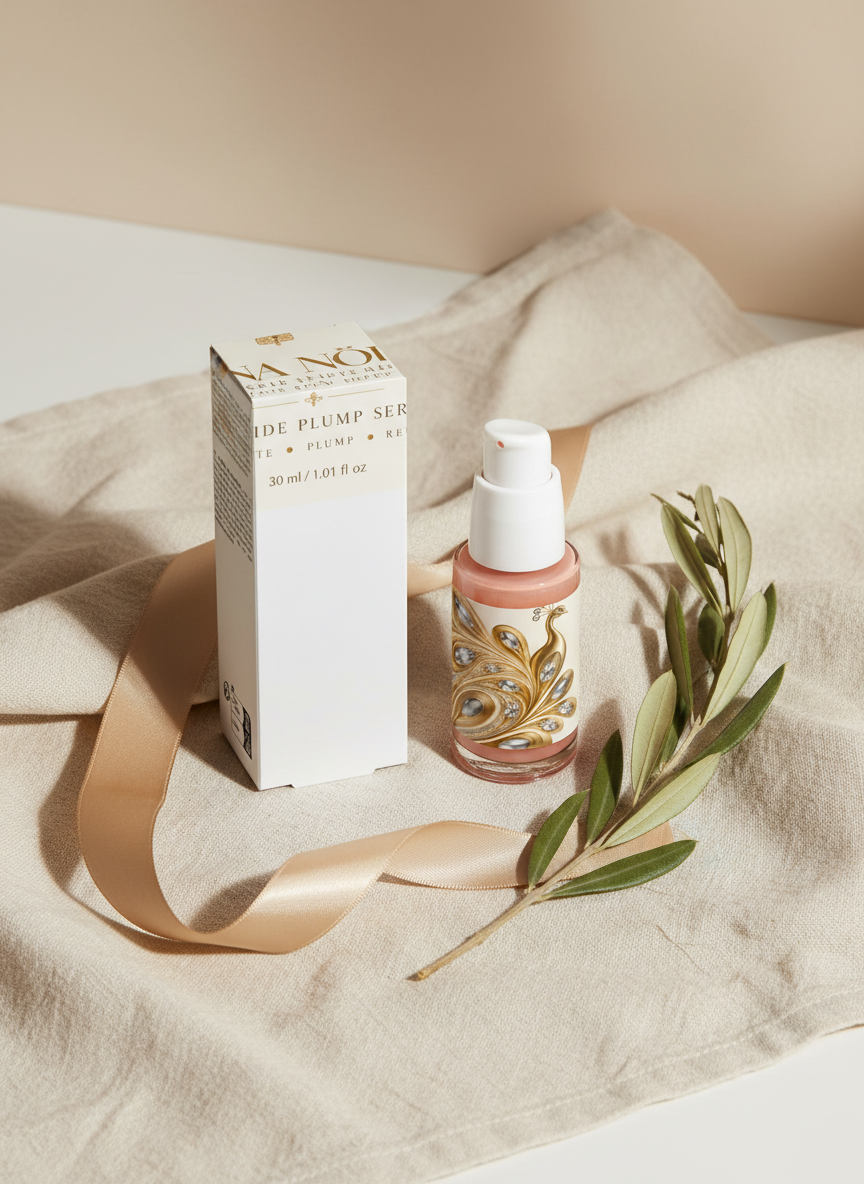 Casa Nöel serum and box on folded linen with a champagne silk ribbon
