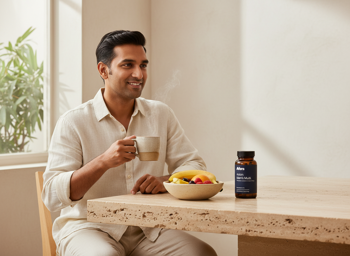 Man at a bright breakfast table with coffee, fruit and an Afora™ bottle