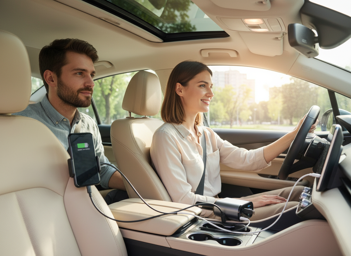 Driver and passenger charging their phones at the same time from VYBE Charge