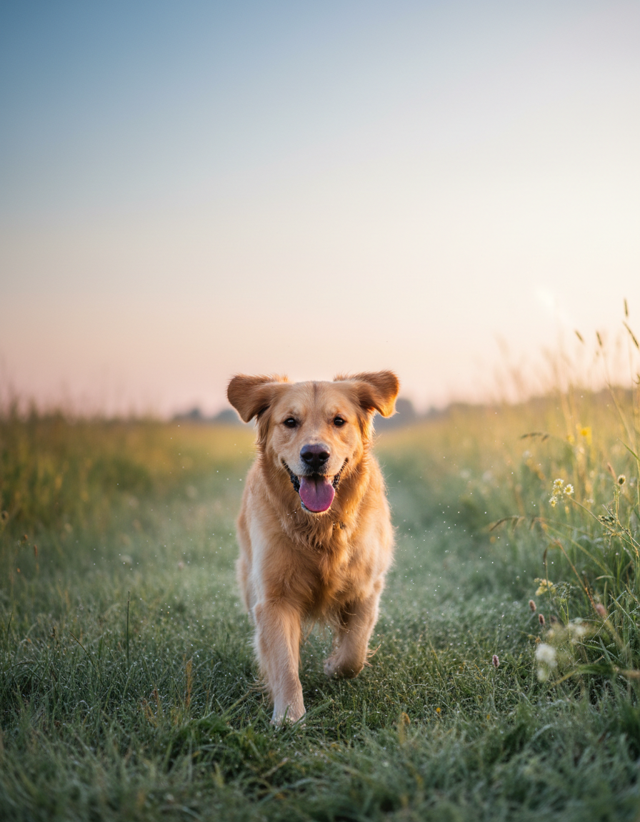 Fröhlicher Golden Retriever läuft über eine sonnige Wiese