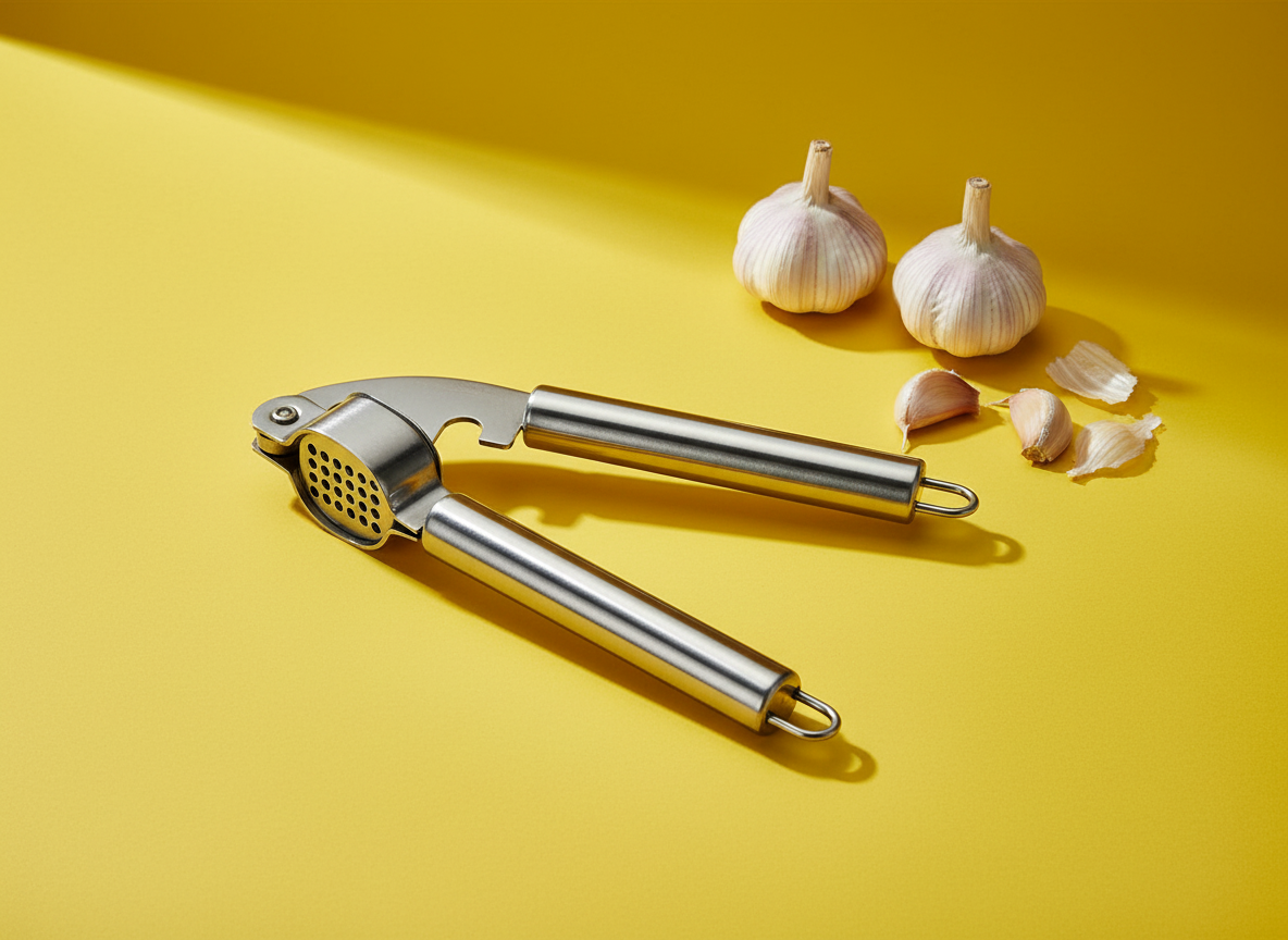 Stainless steel garlic press with garlic cloves on a bright yellow surface