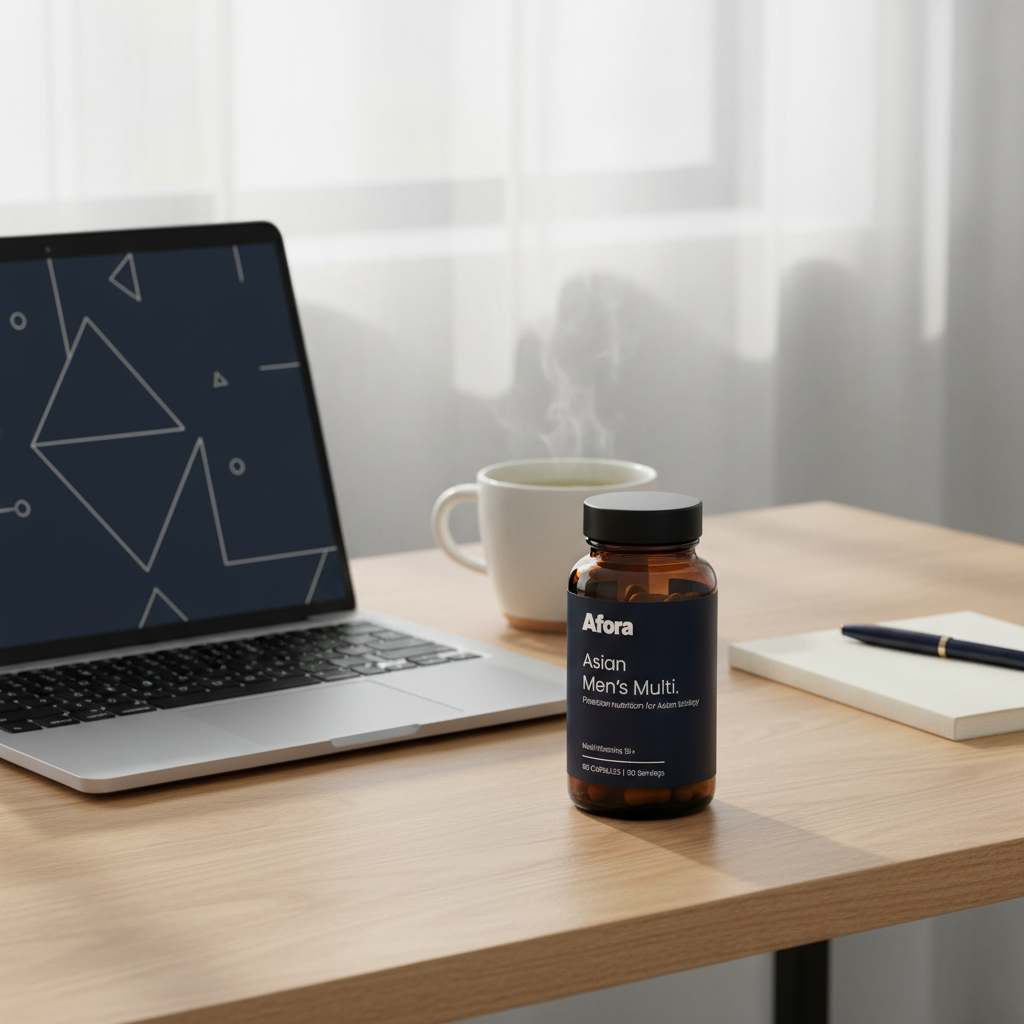 Afora bottle on a desk beside a laptop and green tea