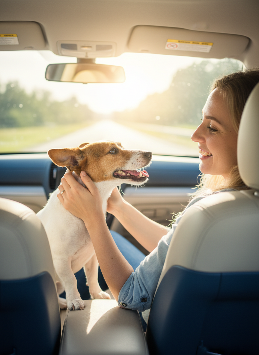 Jack russell sur la banquette arrière d'une voiture, tout près du visage de son maître